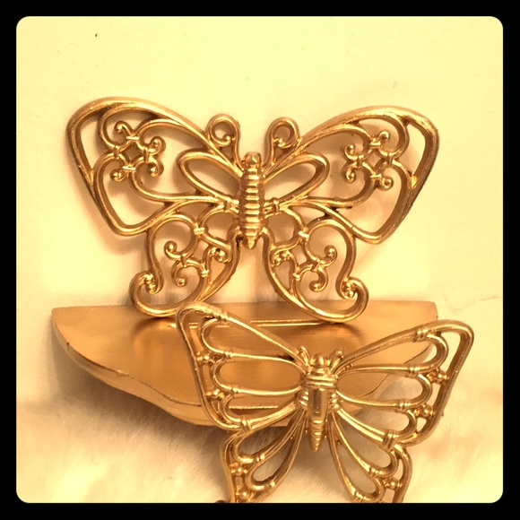 Unknown Other - Gold Wood Shelf and Two Gold Plastic Butterflies